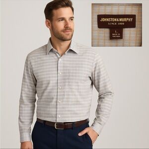 Johnston & Murphy Men’s Button-Down Shirt L Blue Brown Plaid 100% Cotton